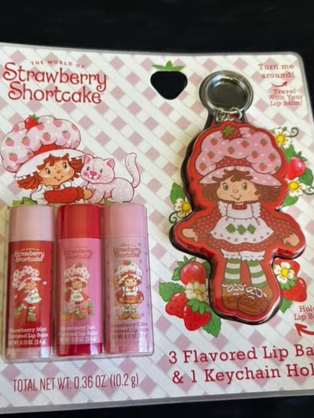 NWT Taste Beauty Strawberry Shortcake 3 flavored Lip Balms with Keychain Holder